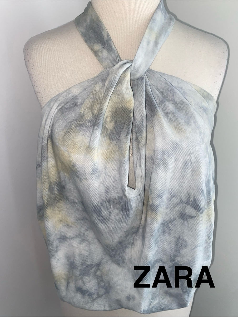 Zara Tie-Neck Halter Camisole in Grey and Light Yellow Tie-Dye